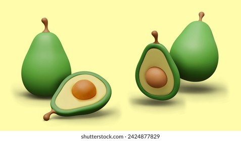 3D green avocado and half with stone. Set of images in plasticine style