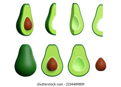 3d green avocado, set of fresh whole, half, cut slice, with a large seed. Vegetable food, fresh organic fruit. Vector illustration realistic cartoon style isolated on white background