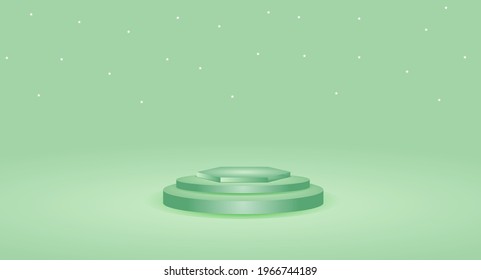 3d green background product display podium in geometric shape. 3d rendering podium. Stand product display background. 3 stage product display