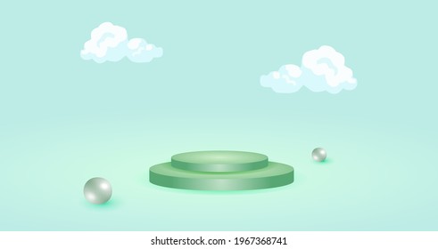 3d green background product display podium in geometric shape 3d ball, and clouds. Stand product display background. Beautifull floral 3d stage product display