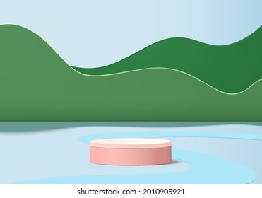 3d green background products display podium scene with platform. background vector 3d rendering with pink podium. stand to show cosmetic products. Stage showcase on pedestal display studio
