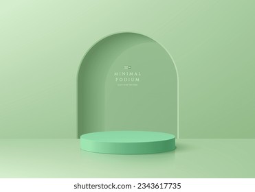 Fondo verde 3D con un podio peatonal realista y escena de pared de la puerta de arco. Composición pastel abstracta en un diseño mínimo. Plataformas para presentación de productos cosméticos.  Mostrador de escenario redondo.