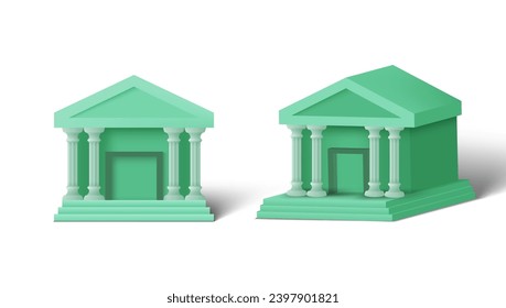 3D Green Bank Building Front And Perspective View. EPS10 Vector