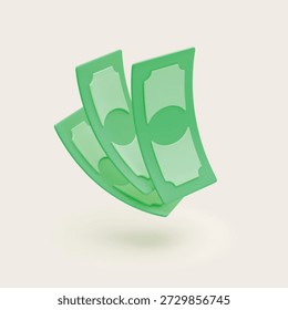 3D green banknotes. Fan of three realistic banknotes. Money management and financial saving concept. Vector paper currency cash payment.