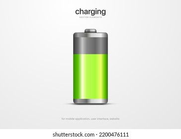 3d green battery icon. Full and half charge with lighting. 3d battery charging process symbol for UI UX, website, mobile app.