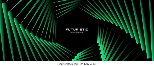 3D green black dynamic techno background on dark space. Tech banner with rotating hexagons style decoration. Modern graphic design element. Motion lines concept for web, flyer, card, or brochure cover