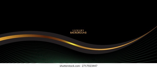 3D verde preto de luxo abstrato sobrepor camada no espaço escuro com decoração de linhas de onda dourada. Design moderno elemento gráfico estilo recorte conceito para web, arte, folheto, cartão ou capa de brochura