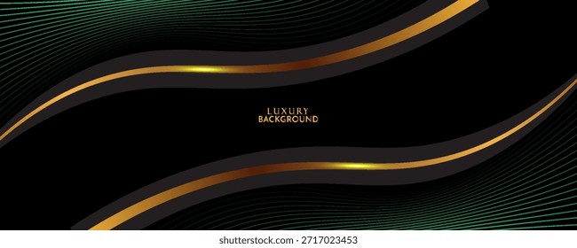 3D green black luxury abstract background overlap layer on dark space with golden wave lines decoration. Modern graphic design element cutout style concept for web, art, flyer, card or brochure cover