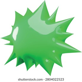 3D green blob cartoon plastic style vector icon. Abstract blot, paint splash with curved sharp edges. Realistic bright slime, jelly stain, liquid drip. Goo mucus smudge. Glossy dribble design element