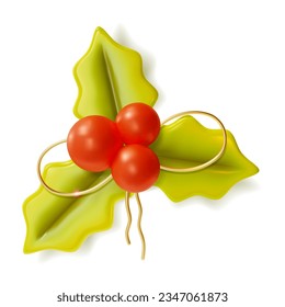 3d Green Branch Mistletoe with Leaves and Red Berries Cartoon Style Christmas and New Year Concept. Vector illustration