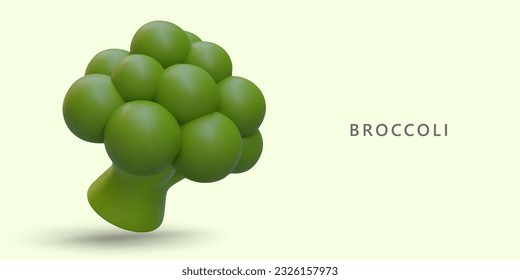 3D green broccoli. Useful vegetable. Type of cabbage. Ingredient for vegetarian dishes. Healthy organic food. Horizontal banner on colored background with inscription