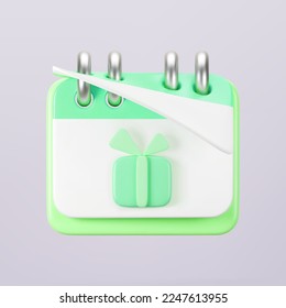 3d green calendar with gift box icon on gray background. Render of daily birthday event schedule planner, wedding day. Boxing day sale and save the date concept. 3d cartoon simple vector illustration