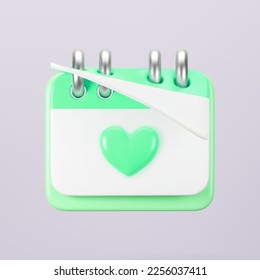 3d green calendar with heart icon isolated. Render of daily wedding event schedule planner, valentine's day, birthday. Menstrual calendar control women cycle. 3d cartoon simple vector illustration