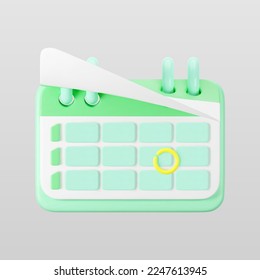 3d green calendar icon with highlighted circle day and flipping pages. Save the date. Render of weekly schedule planner with mark the date. Calendar important day concept. 3d cartoon simple vector