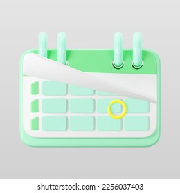 3d green calendar icon with highlighted circle day and flipping pages. Save the date. Render of weekly schedule planner with mark the date. Calendar important day concept. 3d cartoon simple vector