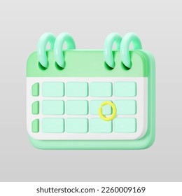 3d green calendar icon with highlighted circle day and flipping pages. Save the date. Render of weekly schedule planner with mark the date. Calendar important day concept. 3d cartoon simple vector