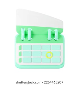 3d green calendar icon with highlighted circle day and flipping pages. Save the date. Render of weekly schedule planner with mark the date. Calendar important day concept. 3d cartoon simple vector