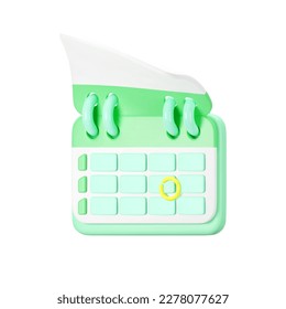 3d green calendar icon with highlighted circle day and flipping pages. Save the date. Render of weekly schedule planner with mark the date. Calendar important day concept. 3d cartoon simple vector