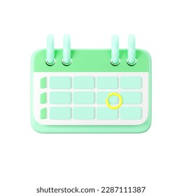 3d green calendar icon with highlighted circle day and flipping pages. Save the date. Render of weekly schedule planner with mark the date. Calendar important day concept. 3d cartoon simple vector