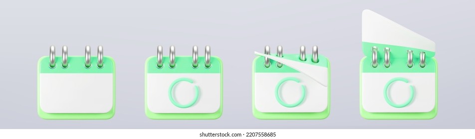 3d Green Calendar Icons With Highlighted Circle Day And Flipping Pages. Save The Date. Render Of Daily Schedule Planner With Mark The Date. Calendar Important Day Concept. 3d Cartoon Simple Vector