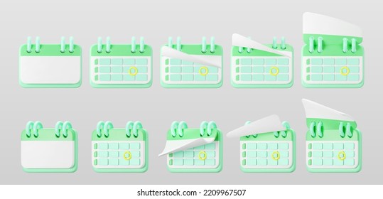 3d green calendar icons with highlighted circle day and flipping pages. Save the date. Render of weekly schedule planner with mark the date. Calendar important day concept. 3d cartoon simple vector