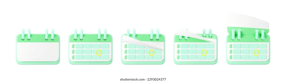 3d green calendar icons with highlighted circle day and flipping pages. Save the date. Render of weekly schedule planner with mark the date. Calendar important day concept. 3d cartoon simple vector