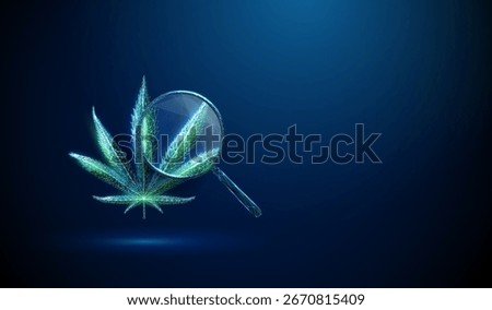 3d green cannabis leaf and magnifying glass. Pharmacology, cannabinoid research, alternative medicine, drug development, biotechnology, cbd products, hemp industry concept. Low poly wireframe. Vector.