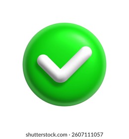3D Green Check Icon. Vector Tick Mark Symbol to Indicate Yes or OK. Circle checklist app button. Vote verify box.