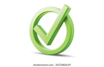 3D of a green check mark in a circle on a white background. This icon is used to indicate approval, correctness, or completion in various digital interfaces and applications. Vector illustration