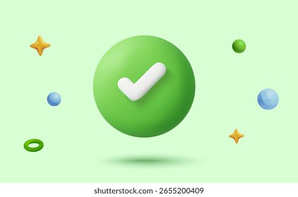 3d green check mark or circle check box, isolated on background. Validated icon in 3d vector