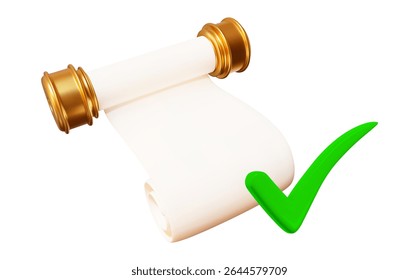 3d green check mark icon and gold parchment paper scroll icon. Stock vector illustration on isolated background. 