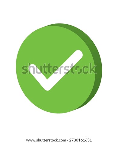 3D green check mark icon isolated on white background, isometric tick symbol for success, approved signal, completed task, correct choice and validation button for web design and mobile app UI