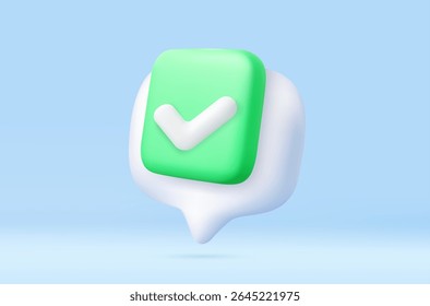 3d Green check mark inside a white chat bubble, representing confirmation, approval, or verified message on blue background. tick, accept, agree on application. 3d rendering. Vector illustration