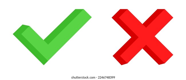 3d green check mark and red cross vector icon. Correct and wrong. Positive or negative symbol. Sign yes or no.