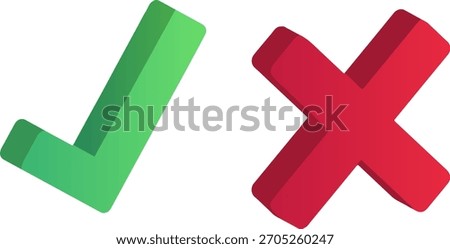 3D Green Check Mark and Red Cross Mark Right Wrong Symbols