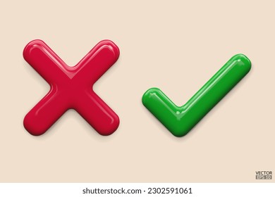 3D green Checkmark and red X mark icon. Checkmark right symbol, tick sign. check and uncheck for web and mobile apps. 3D vector illustration.