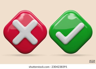 3D green Checkmark and red X mark icon. Checkmark right symbol, tick sign. check and uncheck for web and mobile apps. 3D vector illustration.