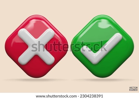 3D green Checkmark and red X mark icon. Checkmark right symbol, tick sign. check and uncheck for web and mobile apps. 3D vector illustration.