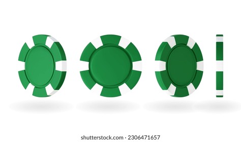 3 d chips verdes para póquer y casino. Un juego de monedas en un fondo blanco aislado listo para la animación. Representación realista de una ilustración vectorial.