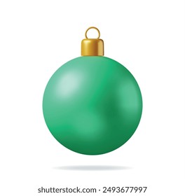 3D Green Christmas Ball with Golden Clamp Isolated. Render Glass Christmas Tree Toy. Happy New Year Decoration. Merry Christmas Holiday. New Year and Xmas Celebration. Realistic Vector Illustration