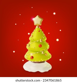 3d Green Christmas Tree with Golden Star and Decorations Balls, Garlands Cartoon Style Xmas and Happy New Year Concept. Vector illustration