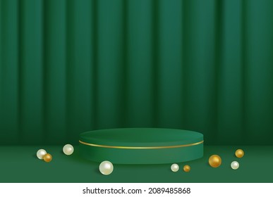 3d Green Circle Podium. Green Velvet Curtain And Stage Pedestal White And Gold Pearls. 3d Vector Illustration Background. Modern Mockup Rendering Platform For Product. Drapery Cloth And Stand.