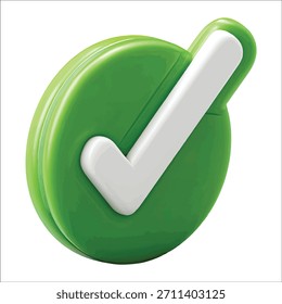 Un Botón circular verde 3D con una marca de verificación blanca sobre un fondo blanco. Formato de Vector escalable adecuado para medios impresos y digitales.
