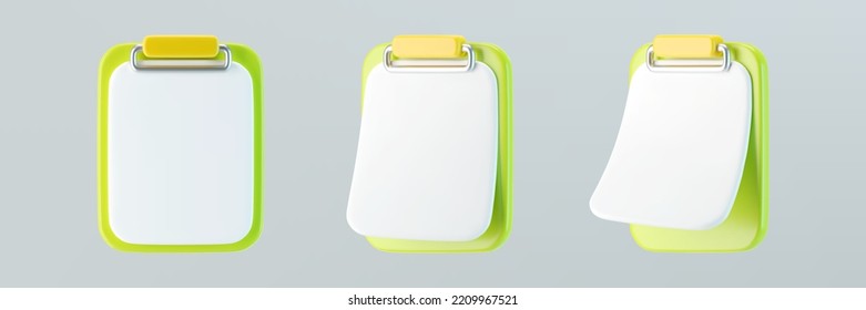 3d green clipboard icons with blank sheet of paper isolated on gray background. Render clipboard with 3d document for notes, contracts, schedule, work planning. 3d cartoon simple vector illustration