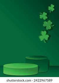 3D grünes Kleeblatt mit drei Blättern und einem leeren Podium auf dunkelgrünem Hintergrund. Vektorgrafik des St. Patrick's Day.