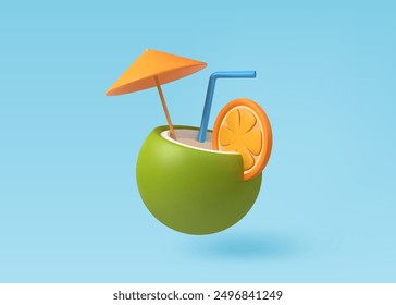 Cóctel de coco verde 3d con paja y paraguas, ilustración realista 3d render