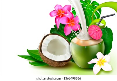 3d. Green coconut. Coconut Milk Splash. Tropical Cocktail with Drinking Straw on Palm Leaves Background.Plumeria flower. Illustration for advertising spa services, massage, body care.