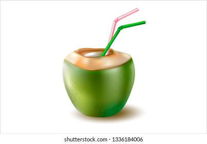 3d. Green coconut. Tropical Cocktail with Drinking Straw. Isolated Vector Image.