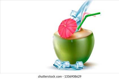 3d. Green coconut. Tropical Cocktail with Drinking Straw on Palm Leaves Background. Isolated Vector Image.