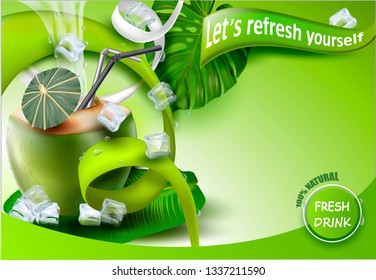 3d. Green coconut. Tropical Cocktail with Drinking Straw on Palm Leaves Background.Ice cubes falling. Pure water droplets. Image.